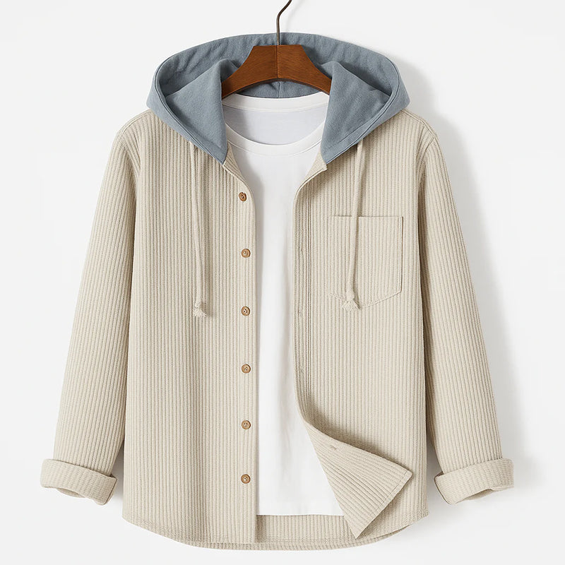 Hooded Corduroy Button-Up Shirt Jacket
