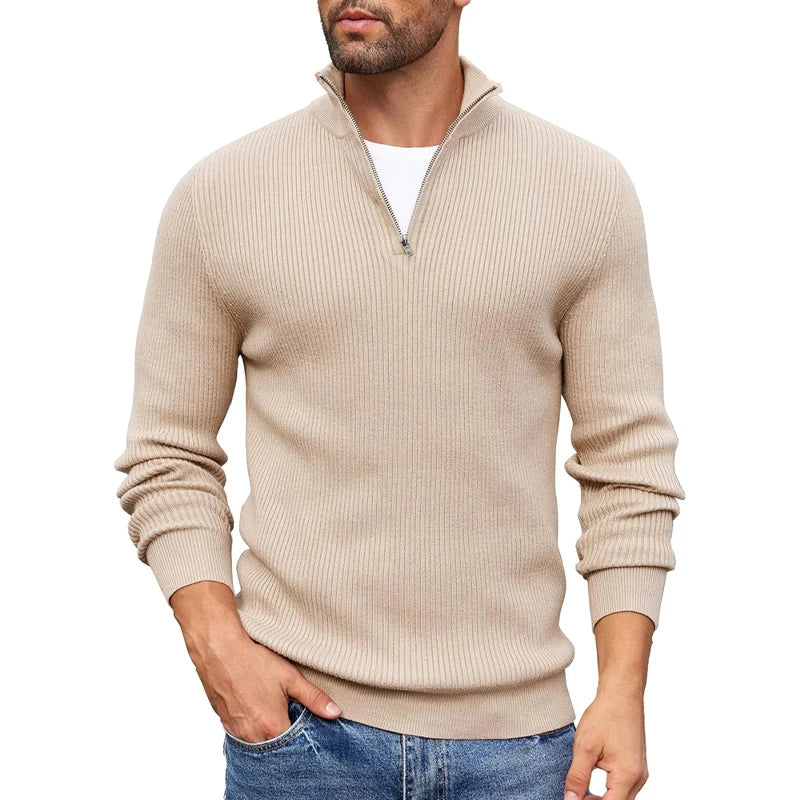 Men's Ribbed Knit Zip-Up Sweater with Collar