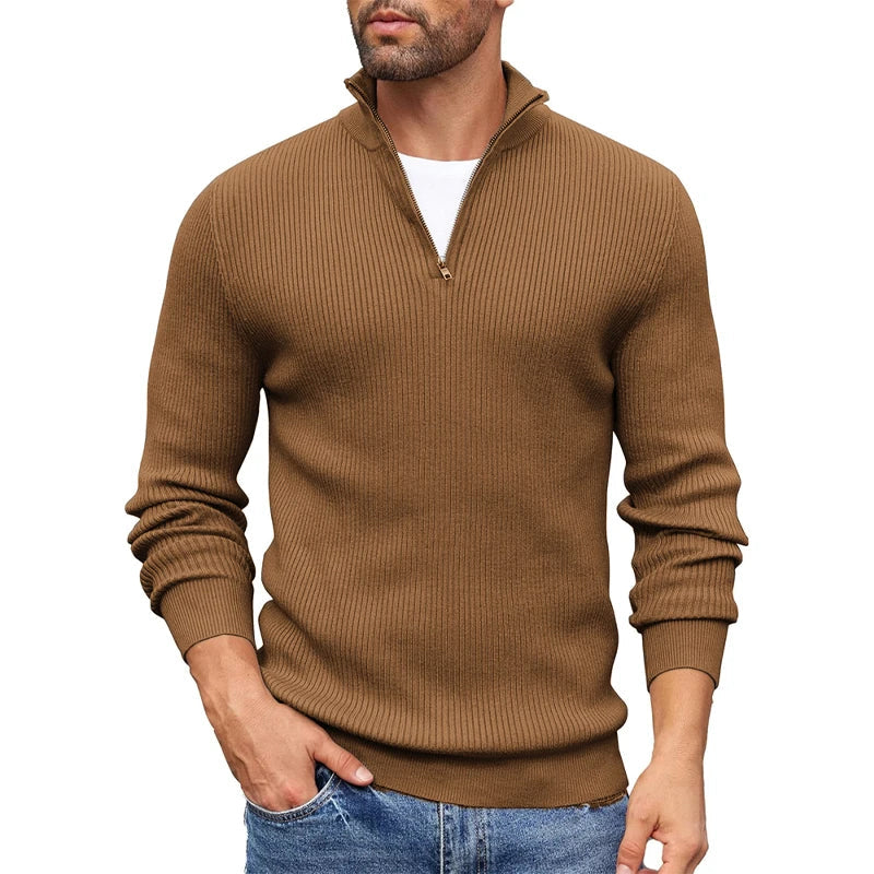 Men's Ribbed Knit Zip-Up Sweater with Collar