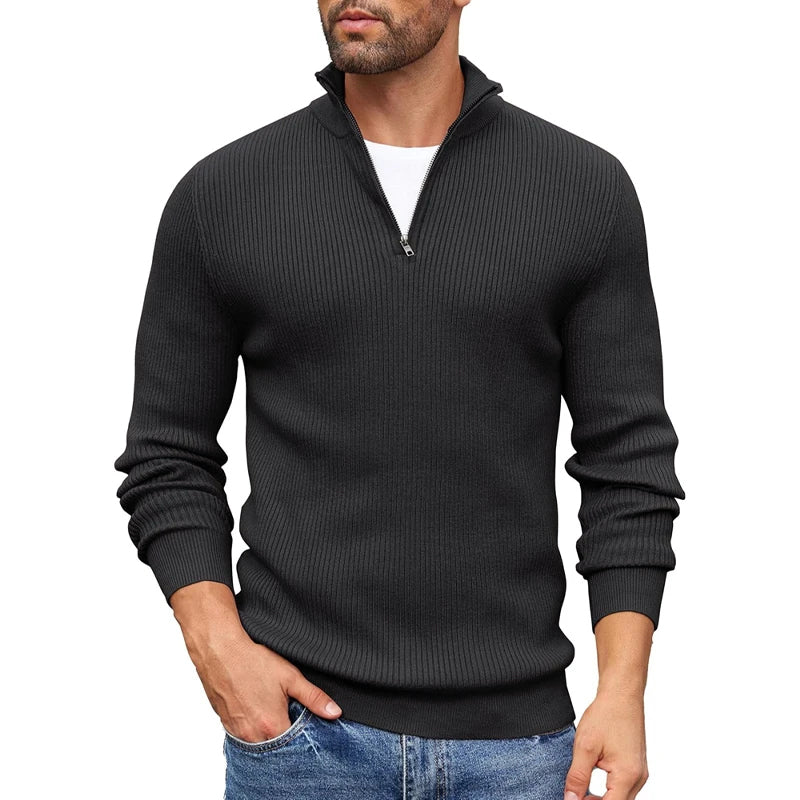 Men's Ribbed Knit Zip-Up Sweater with Collar