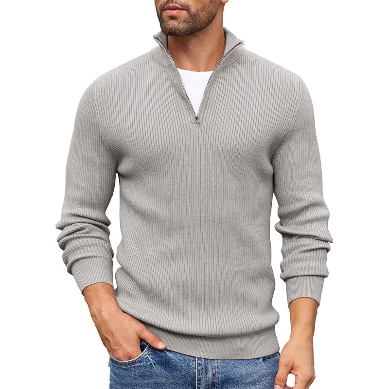 Men's Ribbed Knit Zip-Up Sweater with Collar