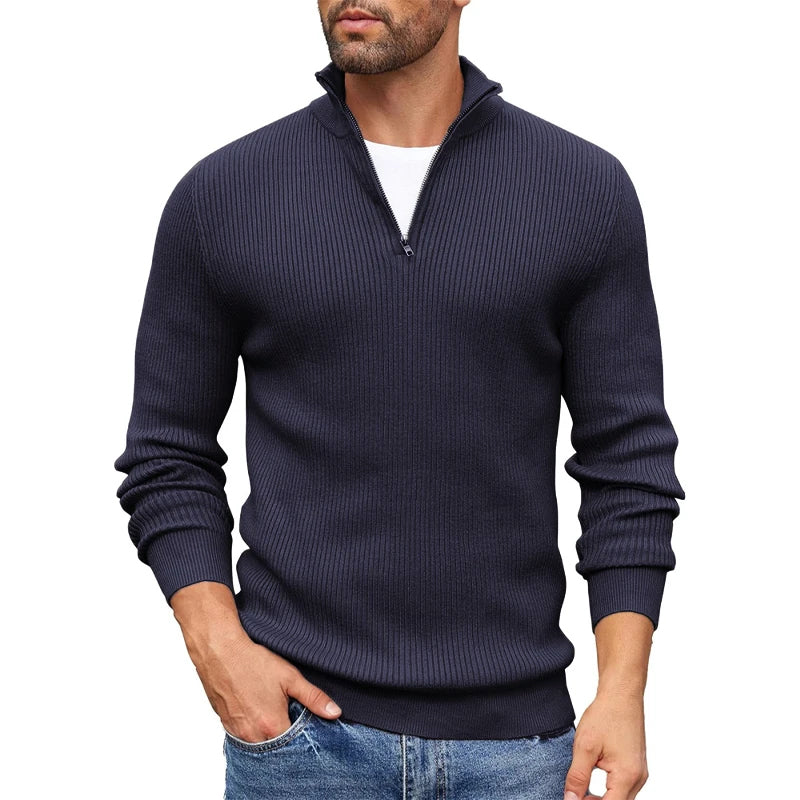 Men's Ribbed Knit Zip-Up Sweater with Collar